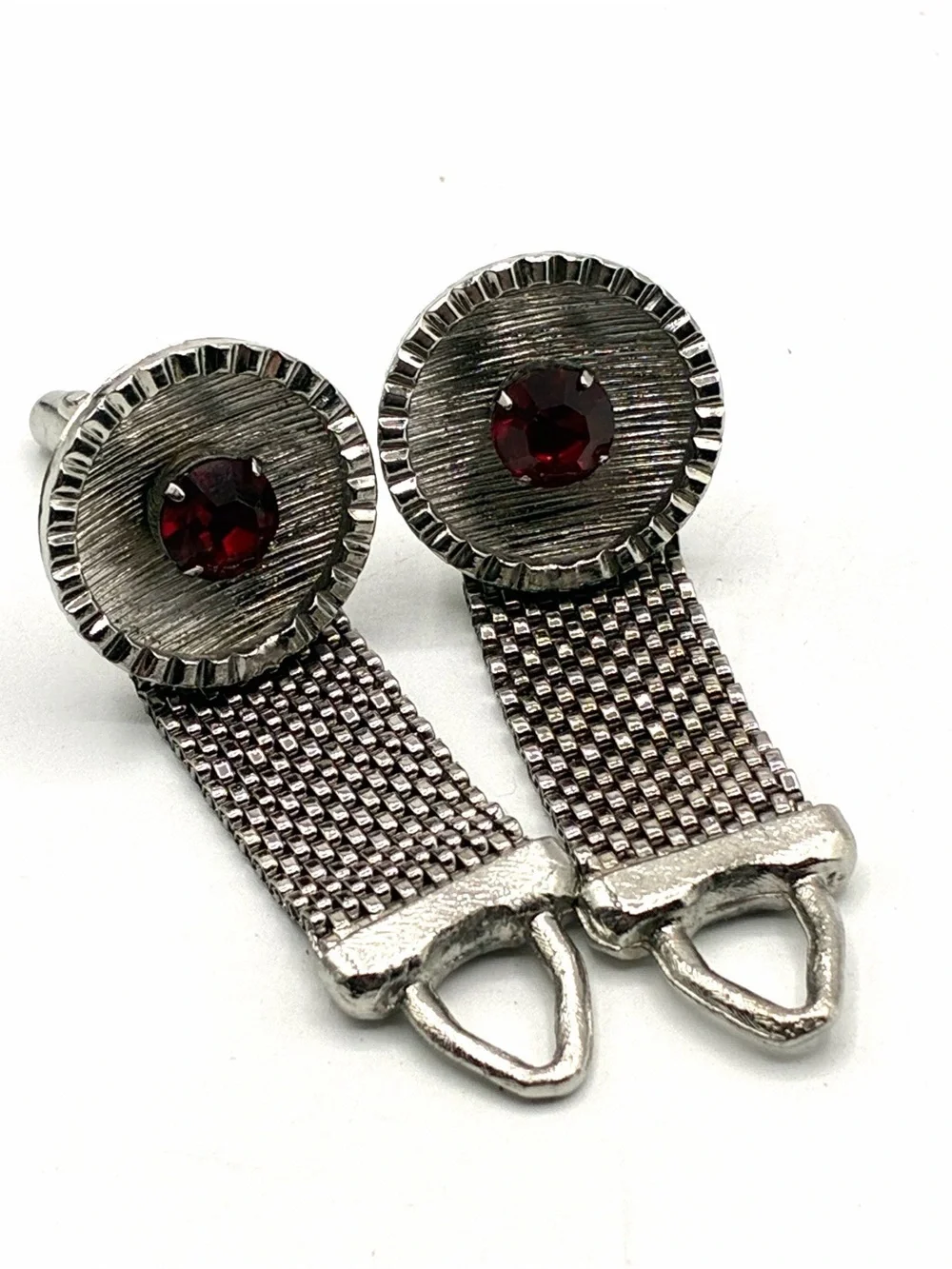 Vintage Silver Tone Mesh Cufflinks Red Rhinestone Wrap Around Formal